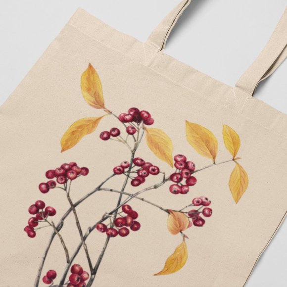 Red Chokeberry Vintage Watercolor Botanical Print Graphic Canvas Tote Bag - Picture 3 of 5